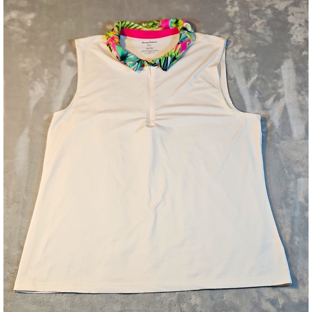 Tommy Bahama Golf Polo Women's XL Sleeveless 1/4 Zip White Multicolor Trim